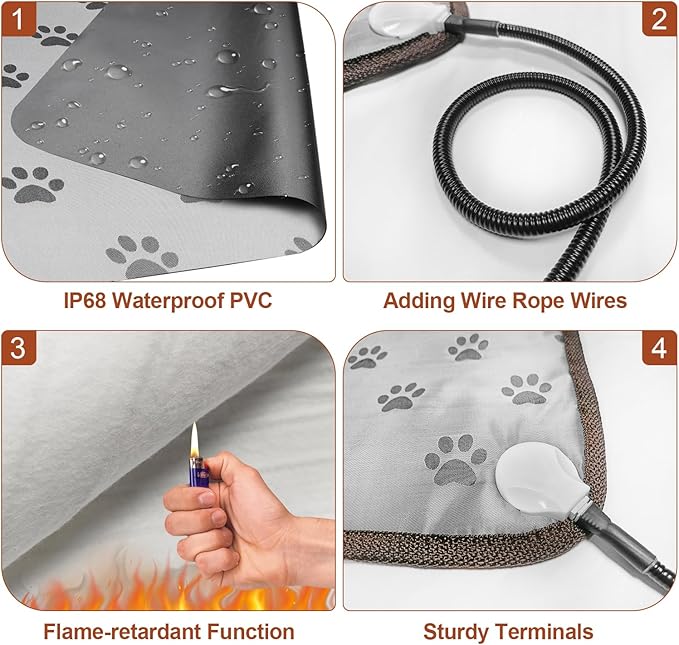 Pet Heating Pad 22x18 in Cat Heating Pads for Cats Waterproof Smart Thermostat Switch, Adjustable Heated Cat Bed, Adding Wire Rope Wires Cat Warming Pad-Paw Print