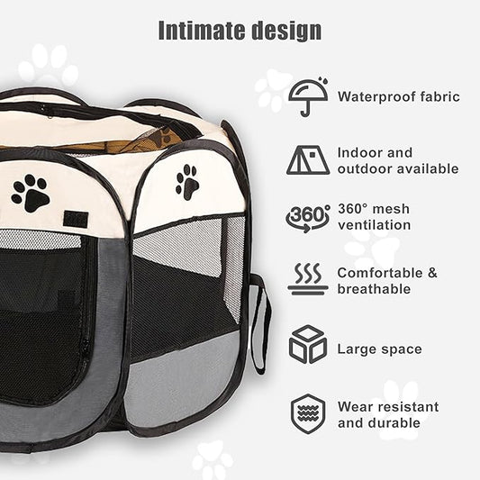 Portable Dog Playpen, Pet Play Pen for Indoor Outdoor Cat, Kitten/Puppy Exercise Playpen Tent Birthing Box, Waterproof Travel Dog Kennel Camping Cage for Small Medium Dog Animal House (Grey)