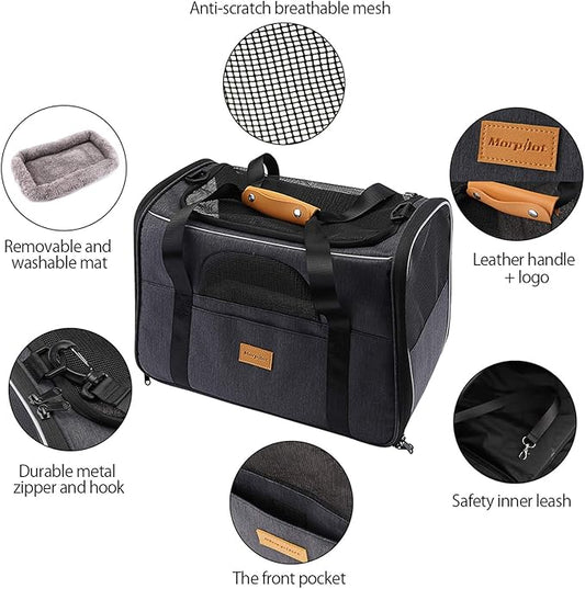 Morpilot Pet Carrier Bag, Portable Cat Carrier Bag Top Opening, Removable Mat and Breathable Mesh, Foldable Cat Carrier Transport Bag for Dogs and Cats, with Shoulder Strap and Pet Bowl Gray