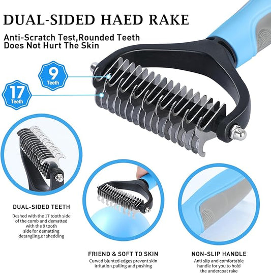 5 PCS Dog Grooming Brush Kit – Self Cleaning Slicker Brush for Shedding Short & Long Haired Dogs & Cats. Removes Loose Fur, Undercoat, Mats, Tangles. Suit for Small, Medium & Large Pets. Blue