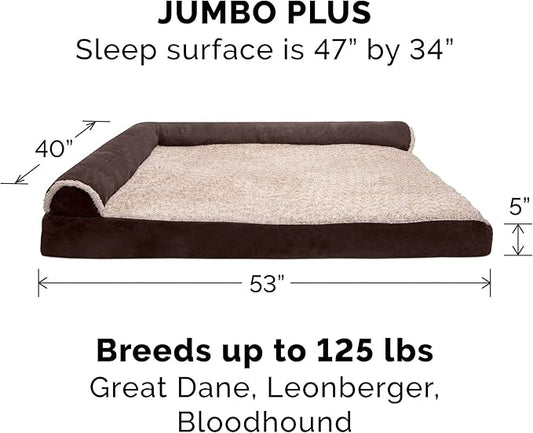Furhaven Memory Foam Dog Bed for Large Dogs w/ Removable Bolsters & Washable Cover, For Dogs Up to 125 lbs - Two-Tone Plush Faux Fur & Suede L Shaped Chaise - Espresso, Jumbo Plus/XXL