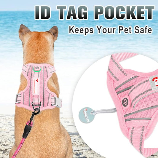 BARKBAY No Pull Dog Harness Large Reflective Dog Harness with Front Clip and Easy Control Handle for Walking Training Running with ID tag Pocket(Baby Pink,XS)