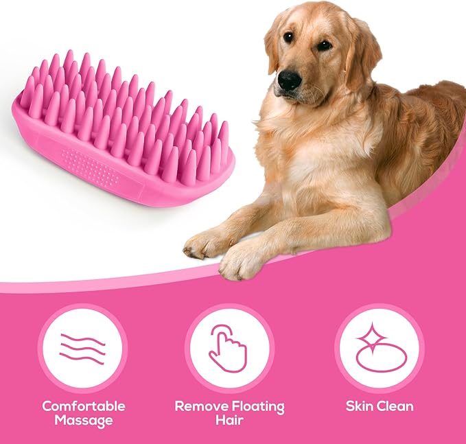 Dog Bath Brush, Dog Bath Supplies Silicone Shampoo Brush Long & Short Haired Dogs Cats, Scrubber Washing Grooming Pet Brush, Soft Massage Shedding Brush Bathing Shower Small Large Pets (Pink)