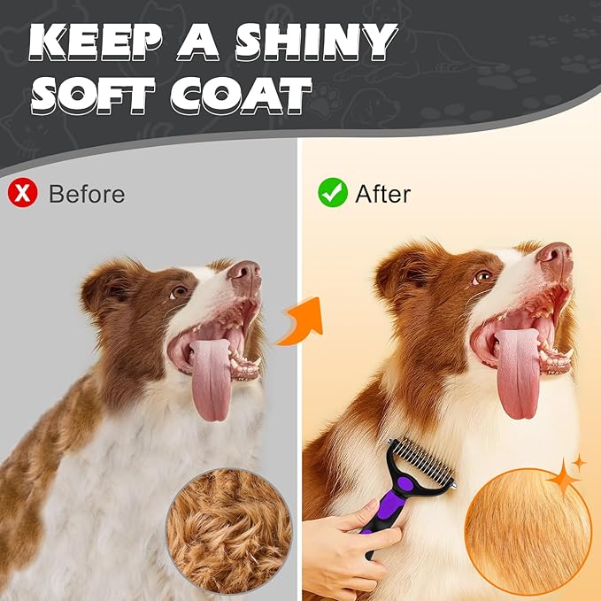 3PCS Premium Dog Grooming Kit - I Deshedding Brush & Metal Comb for Dogs & Cats (Purple Black)
