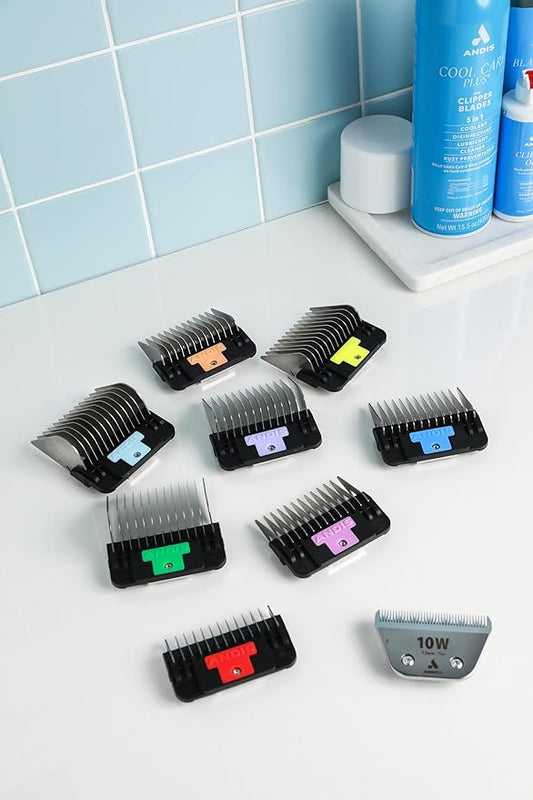 Andis 561475 Premium Clip Animal Comb Set – Built with Plastic, Includes 8 Color Coded Combs of Different Sizes, Attach Comb, All Coat Types, Multicolor