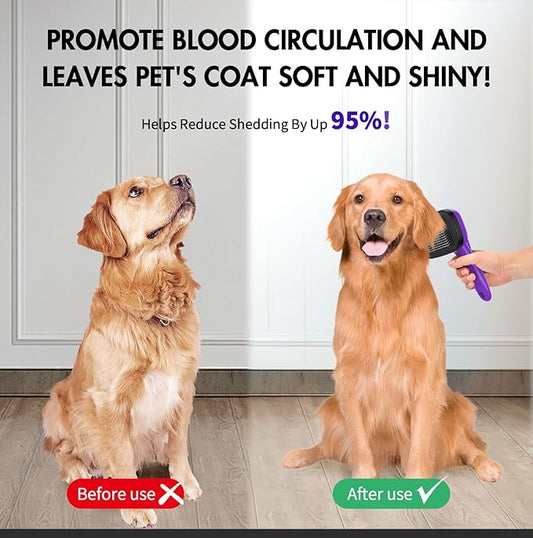 5 PCS Dog Grooming Brush Kit – Self Cleaning Slicker Brush for Shedding Short & Long Haired Dogs & Cats. Removes Loose Fur, Undercoat, Mats, Tangles for Small, Medium & Large Pets. Purple