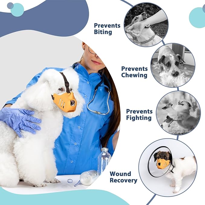 LUCKYPAW Dog Muzzle, Soft Muzzle for Small Medium Dogs Poodle Dachshund, Breathable Silicone Cage Mouth Cover to Prevent Biting and Chewing, Funny Rhino Muzzle with Adjustable Head Strap(Yellow, M)