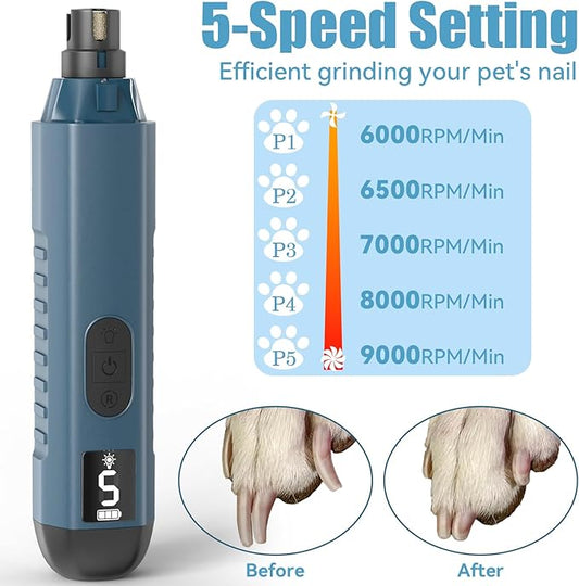 Dog Nail Grinder, Dog Nail Trimmers and Clippers Kit, 5 Speeds Nail Grinder for Dogs, Rechargeable Dog Nail Grinder with LED Light, Nail Grinder for Dogs Quiet, Nail Trimmer Nail Grinder for Dogs Cats