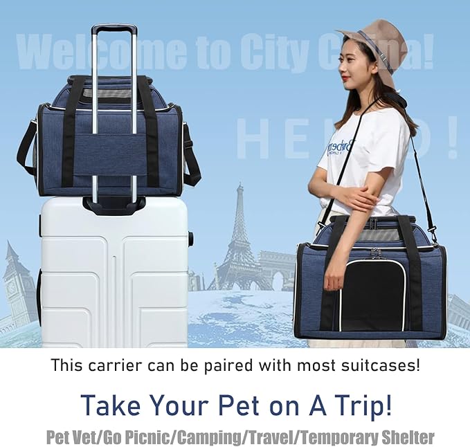 HSC PET Cats Softsided Carriers Puppy Travel Outdoor,Breathable Mesh Windows,Large Side Pocket,Up to 18 lbs Puppy/23 lbs Cat or Kittens (Dark Blue)