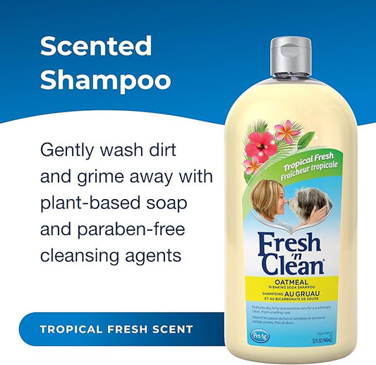 PetAg Fresh ’n Clean Oatmeal ’n Baking Soda Shampoo - Tropical Fresh Scent - 32 oz - Nurtures Dry, Itchy & Sensitive Skin with Vitamin E & Aloe - Strengthens & Repairs Coats - Soap Free