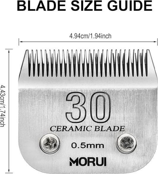 30 Cut Length 1/50"(0.5mm) Detachable Ceramic Pet Dog Clipper Blades Compatible with Most Andis,Oster A5 Wahl KM Series Clippers