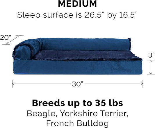 Furhaven Memory Foam Dog Bed for Medium/Small Dogs w/ Removable Bolsters & Washable Cover, For Dogs Up to 35 lbs - Plush & Velvet L Shaped Chaise - Deep Sapphire, Medium