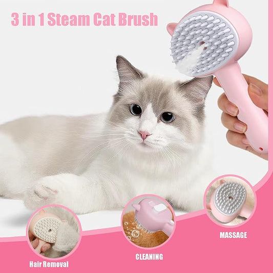Cat Steam Brush, 3 in 1 Steamy Cat Brush for Shedding, Pets Spary Brush With Release Buttom, Self-Cleaning Cats Dogs Hair Grooming Comb, Pets Steamy Brush With Water Tank, Pink