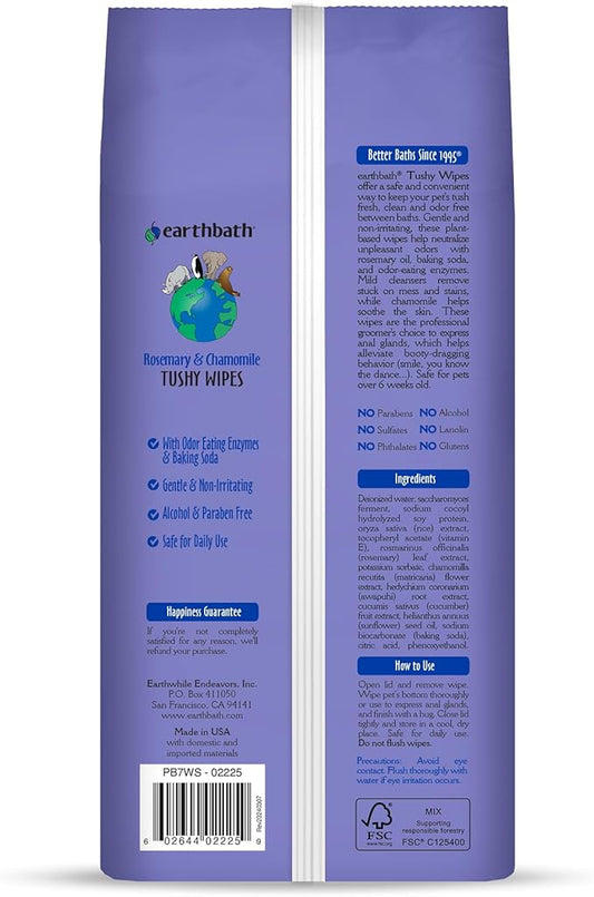 earthbath, Rosemary & Chamomile Tushy Wipes - Dog Wipes for Paws and Butt, Pet Wipes for Dogs & Cats, Made in USA, Cruelty-Free Dog Cleaning Wipes, Helps Neutralize Odors - 100 Count (1 Pack)