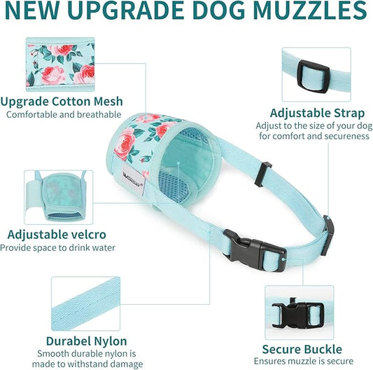 Dog Muzzle for Small Dogs, Small Dog Muzzle, Small Dog Muzzles for Biting Barking Chewing, Soft Nylon Print Muzzle for Small Dogs, Breathable Muzzles for Small Dog Puppy Cyan Flower S
