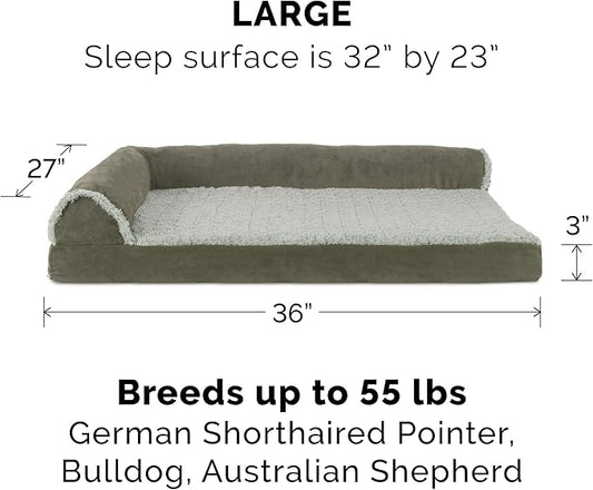 Furhaven Memory Foam Dog Bed for Large/Medium Dogs w/ Removable Bolsters & Washable Cover, For Dogs Up to 55 lbs - Two-Tone Plush Faux Fur & Suede L Shaped Chaise - Dark Sage, Large