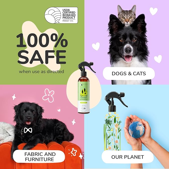 kin+kind Plant Based Flea and Tick Spray for Dogs and Cats – Essential Oil Formula with Lemongrass – Flea and Tick Prevention for Cats, Kittens, Puppies & Dogs - Pet Supplies - Family Safe – 12 fl oz