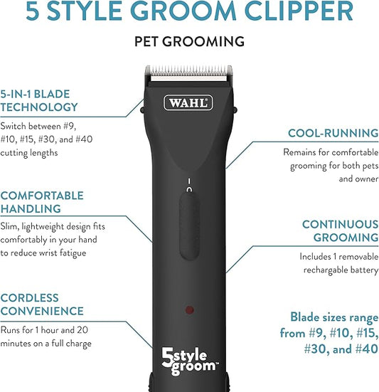 Wahl Pro Animal 5 Style Groom Clipper - Cat & Dog Clippers - Adjustable 5-in-1 Blade - Cordless Design - 80 Min Runtime
