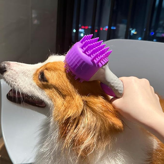 QMEAKMONY Dog Bath Brush Shampoo Brush Scrubber for Bath with Soap Dispenser Soft Bristles Deep Cleaning Ergonomic Handle for Grooming Shedding and Long Short Haired Dogs (Purple Purple)