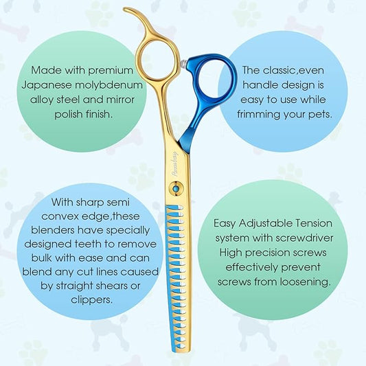 Dog Cat Scissors for Grooming, Pet Shears for Thick Coats and Matted Hair, Thinner Curved Straight Chunker Stainless Steel Shears Blue
