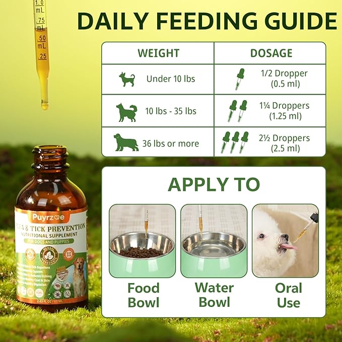 Natural Flea and Tick Prevention for Dogs, 60ML Herbal Formula with Multivitamins, Pumpkin Seed, Flea and Tick Treatment Supplement Drops for Dogs & Puppies - Supports Immunity, Skin & Coat Support