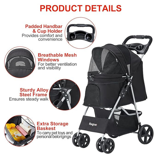 Pet Stroller for Medium Small Dogs and Cats, Folding Puppy Stroller Dog Cat Cage Jogger Stroller with Cup Holder and Storage Basket, 4 Wheels, Black