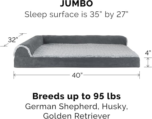 Furhaven Memory Foam Dog Bed for Large Dogs w/ Removable Bolsters & Washable Cover, For Dogs Up to 95 lbs - Two-Tone Plush Faux Fur & Suede L Shaped Chaise - Stone Gray, Jumbo/XL
