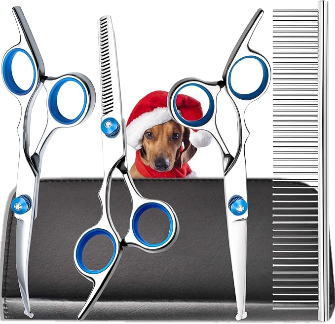 SUMFREY Dog Grooming Scissors with Safety Round Tips,Professional 5 in 1 Dog Grooming Kit ,Dog Scissors for Grooming Sharp and Durable, DGS001