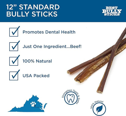Best Bully Sticks 12 Inch All-Natural Bully Sticks for Dogs - 12” Easily Digestible, 100% Grass-Fed Beef, Grain and Rawhide Free | 12 Pack