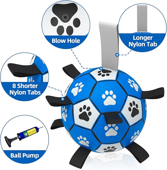 QDAN Dog Ropes Toys Soccer Ball with Straps, Interactive Dog Toys for Tug of War, Puppy Birthday Gifts, Dog Tug Toy, Dog Water Toy, Durable Dog Balls for Medium & Large Dogs-Blue&Grey(8 Inch)