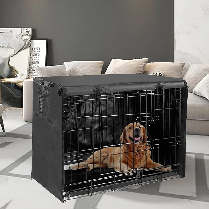 42 Inch Dog Crate Cover Dog Kennel Cover, Large XL Dog Crate for Large Dogs Wire Dog Cage with1 2 3 Doors, Waterproof 600D Oxford Fabric Indoor/Outdoor Black