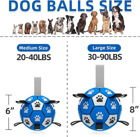 QDAN Dog Ropes Toys Soccer Ball with Straps, Interactive Dog Toys for Tug of War, Puppy Birthday Gifts, Dog Tug Toy, Dog Water Toy, Durable Dog Balls for Medium & Large Dogs-Blue&Grey(8 Inch)