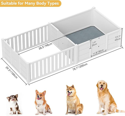 DWVO Whelping Box for Dogs Puppies: 78" x 39.4" x 17.7" Indoor 3-in-1 Dog Pen with Waterproof Mat and 2 Dividers for Small and Medium Dog Breeds (White)