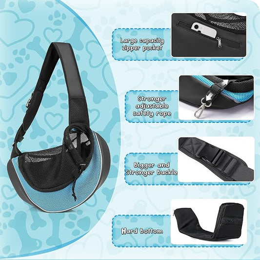 WOYYHO Dog Sling Carrier - Adjustable Strap,Hard Bottom,Large Zip Pocket,Breathable Mesh - Suitable for Puppies Outdoor Travel (Cyan S)