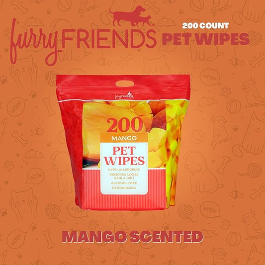 FurryFriends Pet Wipes | Mango | Hypo-allergenic | Alcohol Free| Deodorizing | Removes Loose Hair & Dirt | Incredibly Clean | 200 ct. 1 Pack