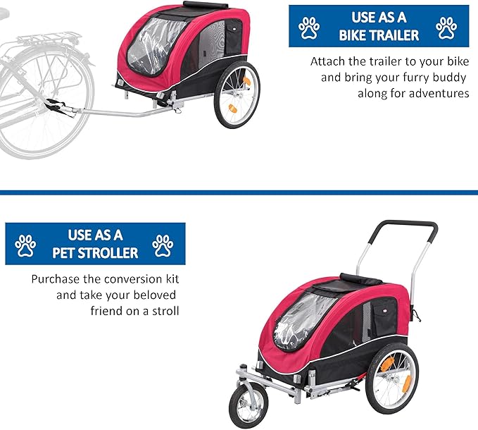 TRIXIE Convertible Dog Bike Trailer and Pet Stroller for Small to Medium Dogs up to 48 lbs, Quick Set-up and Fold Down, Red