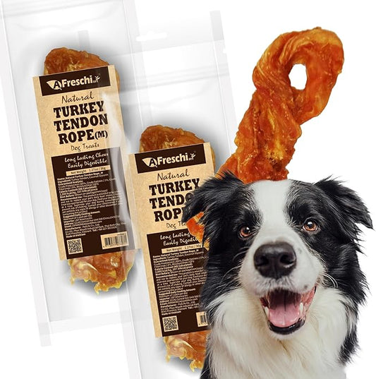 Afreschi Natural Turkey Tendon Rope (M) Pack of 2, Dog Treats for Signature Series, All Natural Human Grade Puppy Chew, Turkey Sourced from USA, Hypoallergenic, Rawhide Alternative