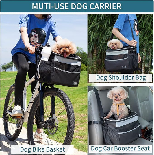 Petsfit Dog Bike Basket, Small Dog Car Seat with Front Pocket, Puppy Car Seat for Small Dogs and Pets (Black)