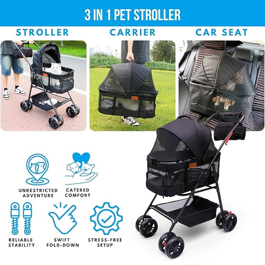 Pet Stroller for Small Dogs with Wheels, Detachable Carrier, Max Load 33 lbs, Easy Folding, Compact Portable, Dog Carriage & Stroller & Car Seat 3 in 1 Animal Stroller
