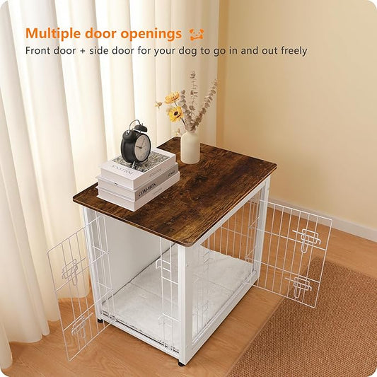 DWANTON Dog Crate Furniture with Cushion, Wooden Dog Crate with Double Doors, Dog Furniture, Dog Kennel Indoor for Small Dog,End Table, 27.2" L, White+Rustic Brown