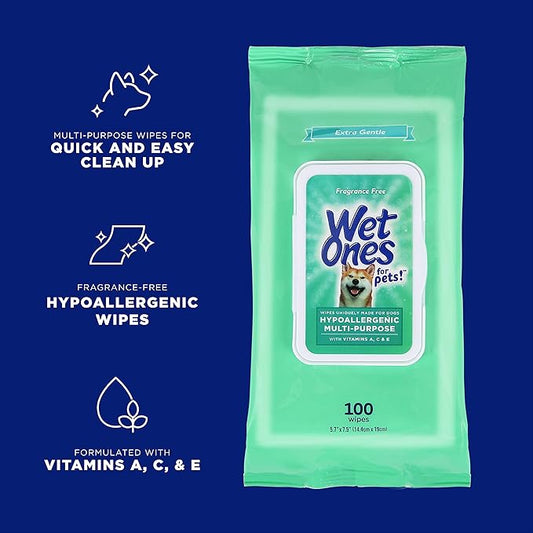 Wet Ones Multi-Purpose Pets Wipes - 300ct Total Dog Wipes with Vitamins A, C + E - Fragrance-Free, Wet Lock Seal