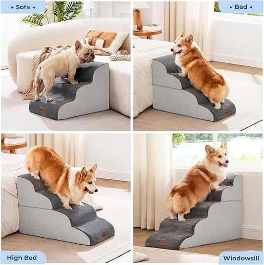 Dog Stairs for Small Dogs - Pet Stairs for Couch and Bed, 35D Foam Dog Steps with Non-Slip Bottom Dog Ramp Grey, 3 Steps