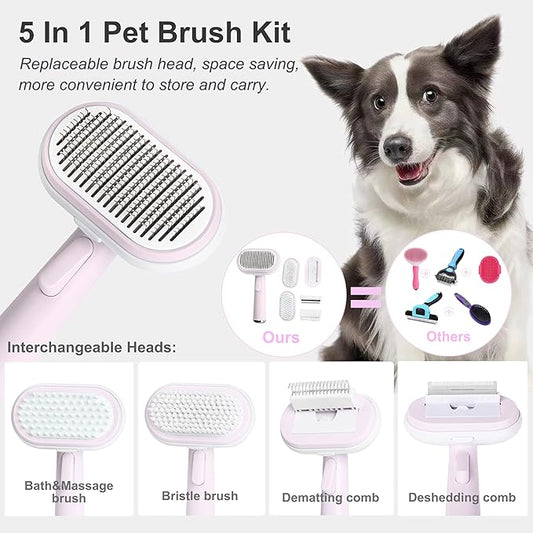 5 IN 1 Pet Grooming Kit,Dog&Cat Self Cleaning Slicker Brush for Shedding.Dematting&Deshedding&Undercoat Dog Brush,Dog Hair Brush,Suitable for Small&Large,Long&Short Haired Pets.(Pink)