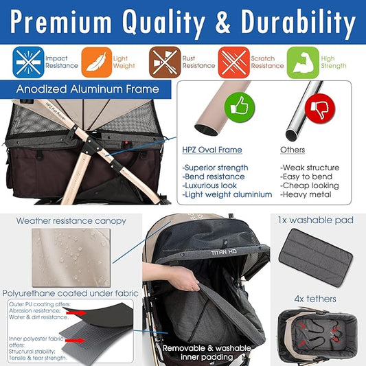 HPZ Pet Rover Titan-HD Premium Super-Sized Dog/Cat/Pet Stroller SUV Travel Carriage/w Access Ramp/100Lbs Capacity/Pumpless Rubber Wheels/Aluminum Frame for Small, Med, Large, XL Pets (Taupe)