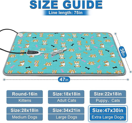 Extra Large Dog Heating Pad 47x30 in Waterproof Pet Heating Pad Smart Thermostat Switch, Whelping Supplies Heated Dog Bed, Adding Wire Rope Wires Puppy Heating Pad Mat-Blue