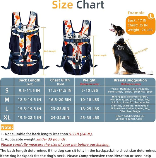 Dog Front Carrier Backpack, Dog Backpack Carrier Soft Pad, Pet Legs Out, Easy-Fit Dog Front Carrier for Small Medium Puppy, Hands Free Dog Carrier Adjustable for Cycling Hiking (Color Letters, M)