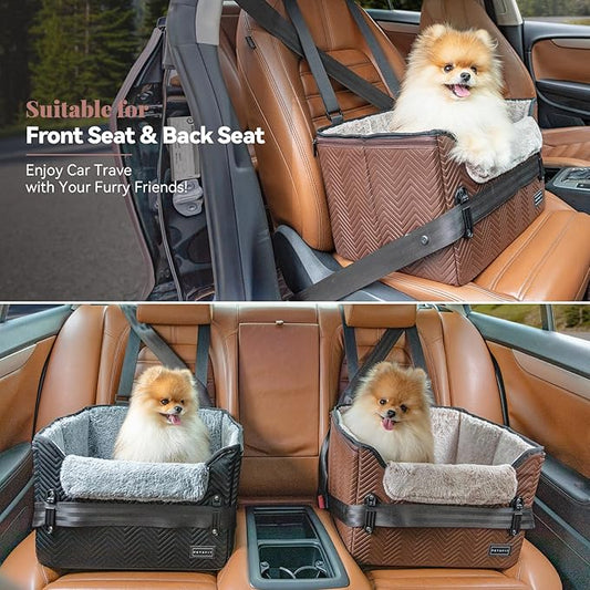 PETSFIT Car Seat for Dogs, Waterproof PU Leather Dog Car Seat for Small Dogs with Patented Safe Buckles, Clip-On Leash, Pet Travel Carrier Bed for Small Pets Up to 25lbs (Brown)