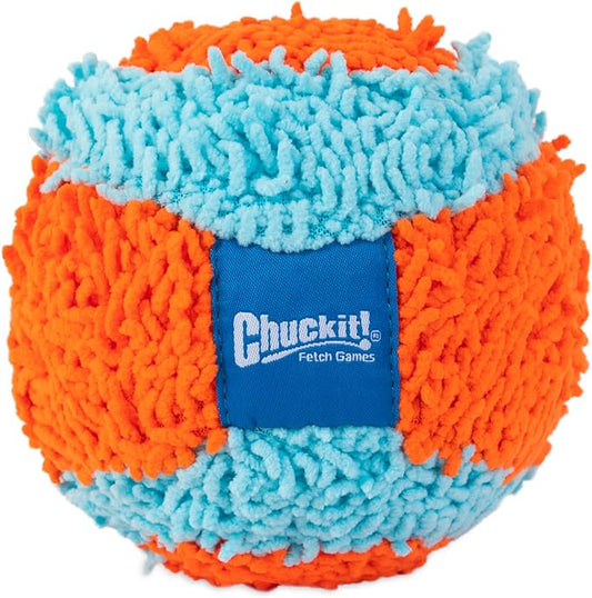 Chuckit! Indoor Fetch Ball Dog Toy - Soft Ball for Small to Medium Dogs Weighing 0-20 Lbs and 20-60 Lbs - Made with Durable, Lightweight, Plush Chenille Fabric - 4.75-inch Diameter - Orange and Blue