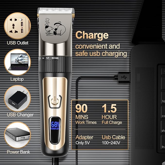 Dog Grooming Clipper Kit, Cordless Low Noise Rechargeable Electric Trimmer With Adjustable Comb & Detachable Blades, Suitable for Dogs, Cats, Pets