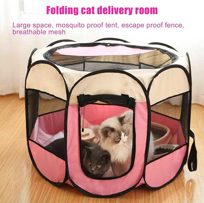 Portable Dog Playpen, Pet Play Pen for Indoor Outdoor Cat, Adult Kitten/Puppy Exercise Playpen Tent Birthing Box, Waterproof Travel Dog Camping Cage for Medium Large Dog Animal House (Pink)